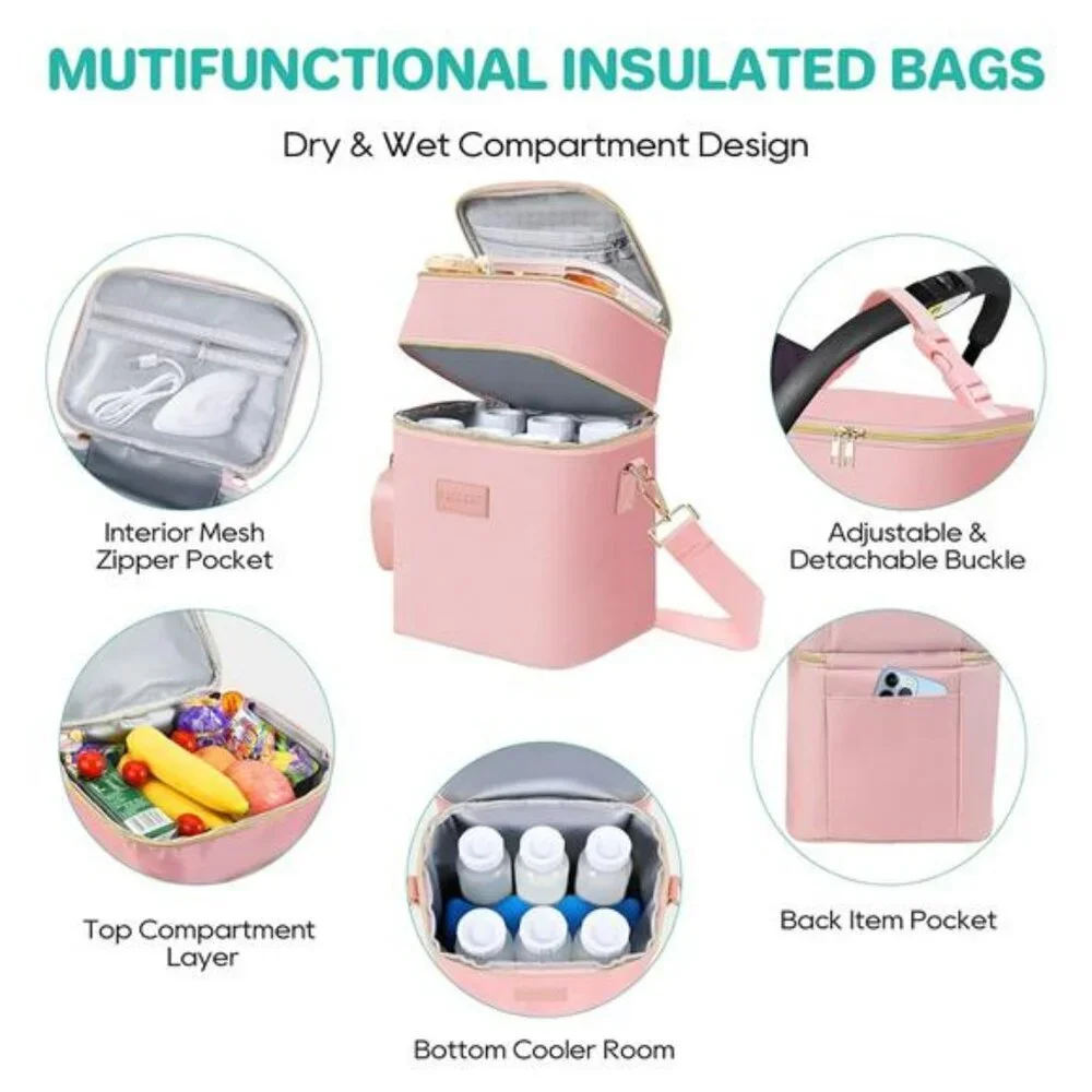 Breastmilk Cooler Bag with Ice Pack Fits 6 Baby Bottles Insulated Leakproof Tote